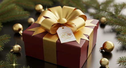 An elegant red gift box with a gold bow and a '2026' tag, a perfect festive image for a sophisticated Christmas or New Year's present