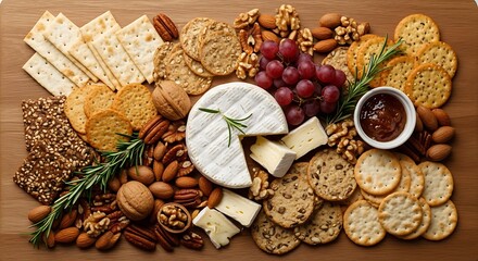 Elegant cheese board arrangement featuring brie, crackers, and fresh grapes