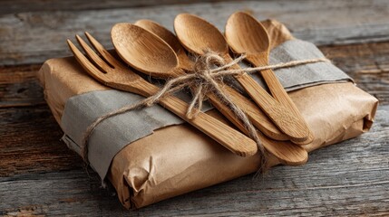 Rustic table setting featuring wrapped gifts and wooden cutlery tied with string, showcasing a natural and ecofriendly aesthetic