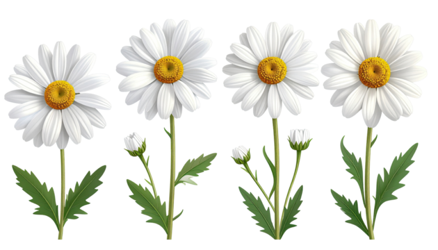 Five white daisies in various stages of bloom