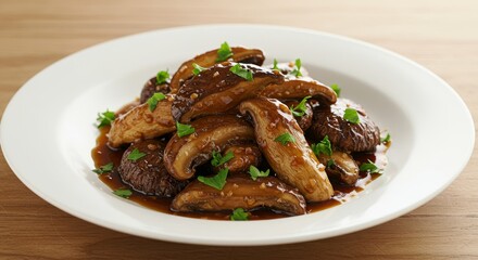 Fototapeta premium Glazed Shiitake Mushrooms with Herbs on White Plate, Savory Vegan Meal