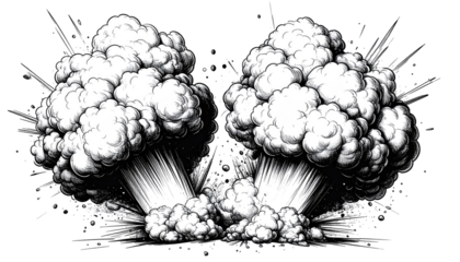 Two large, stylized clouds of smoke or explosion
