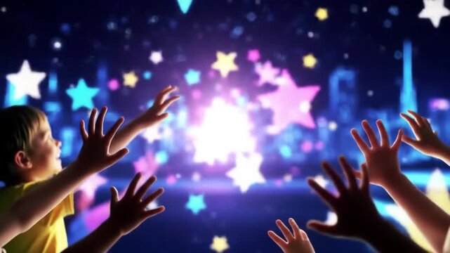 Children reaching for glowing stars against a city backdrop.