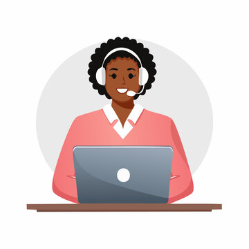 Operator wearing headset at computer cold calling to a potencial client. Cold calling, old school marketing, telemarketing sales concept. Pink coral blue vector isolated illustration