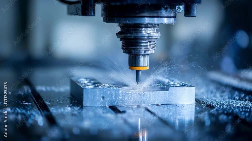 Poster medium shot of a modern cnc machine carving a metal bracket the cutting tool and bracket highlighted