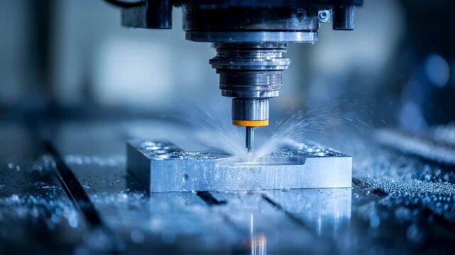 Medium shot of a modern CNC machine carving a metal bracket the cutting tool and bracket highlighted as the background fades into soft focus.