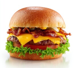 Mouthwatering burger with layers of cheese, bacon, veggies, and a juicy patty nestled between a glistening bun. White background, studio shot