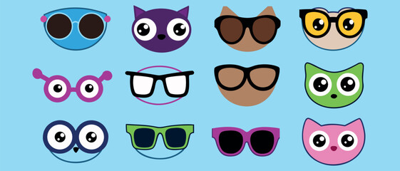 Cartoon Glasses Illustration – Funny Eyewear Characters, Cute Glasses Drawing, Kids Sunglasses Cartoon, Spectacles Kids Illustration, Colorful Funny Eyewear Icons, Child Project Cartoon Glasses, Adora