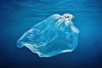 Fototapeta premium A plastic bag floats underwater, highlighting ocean pollution and the environmental impact of plastic waste on marine life