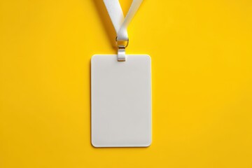 A blank white ID badge with a lanyard is displayed against a vibrant yellow background