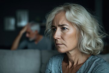 An older woman appears upset while sitting on a couch, with a man blurred in the background, suggesting tension or conflict between them