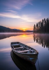 Idyllic lakeside sunrise with a solitary boat resting on tranquil mirrored waterscapes in nature's embrace