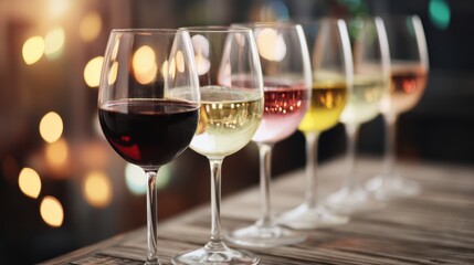 A row of six wine glasses filled with different types of wine sits on a wooden surface, with warm, blurred lights in the background
