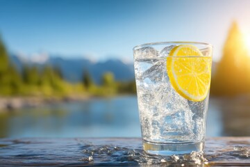 A refreshing glass of ice water with a lemon slice sits on a wooden surface outdoors by a scenic lake under a bright, sunny sky