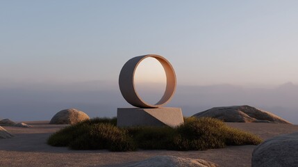 An abstract, circular stone sculpture stands on a pedestal in a vast desert landscape at sunset