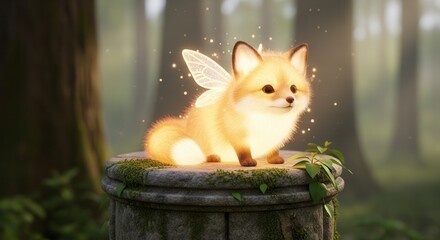 Chubby fairy fox cub with glowing golden fur and tiny wings folded, perched on a stone pedestal