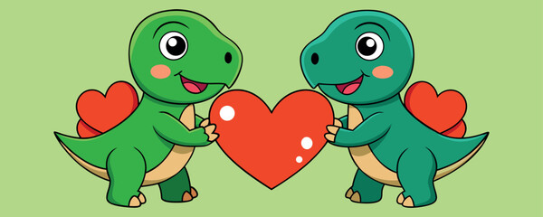 Cartoon Dinosaurs Holding Hearts – Cute Valentine Dinosaur Characters, Funny Love Drawing, Child Friendly Comic Art, Happy Dinosaur Couple Illustration


