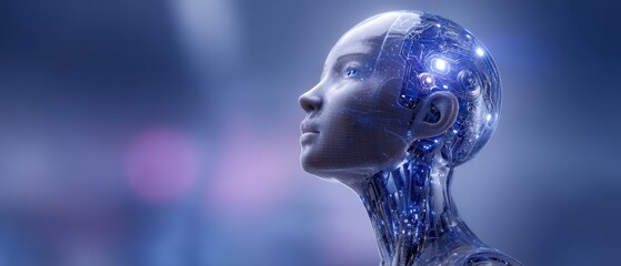 A futuristic humanoid robot with a transparent, glowing exterior looks upward in a blue-toned digital environment