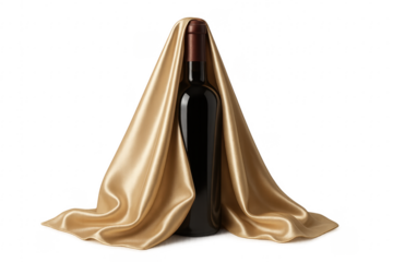 Wine bottle covered by golden silk cloth on transparent background
