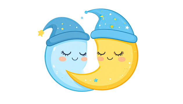 Two cartoon crescent moons, hugging, wearing sleep caps