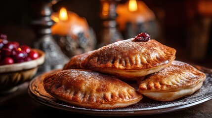 Golden-brown hand pies dusted with powdered sugar, topped with cranberries, served on a rustic plate with warm candlelight in the background