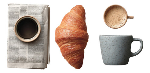 Morning Coffee and Croissant with Newspaper on Table