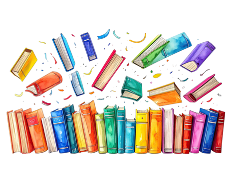 Colorful books flying from a row of bookshelves