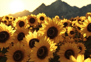 Warm golden sunflowers bathe in the setting sun with mountainous backdrop, creating a serene and breathtaking natural landscape scene