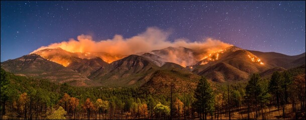 A fiery mountain landscape burns under a starry night sky, with a forest in the foreground transitioning from green to autumnal hues