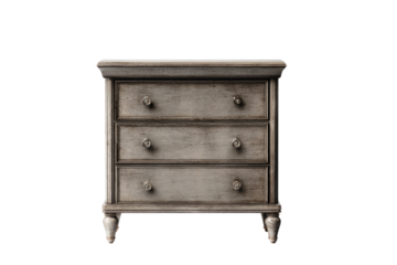 Light gray, three-drawer chest with distressed finish, classic design