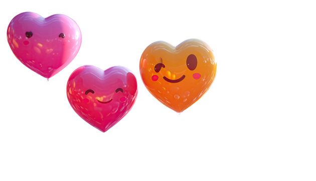 Three heart-shaped balloons with faces - Powered by Adobe