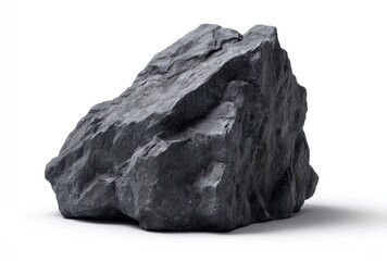 A single, rugged, dark gray rock rests against a white backdrop, detailed with textures and shadows, emphasizing depth and three-dimensionality
