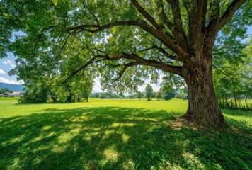Sprawling old tree casting intricate shadow patterns across a vibrant green meadow under a bright, sunny sky with distant hills in the background