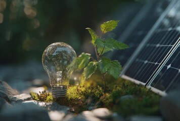 Sunlight illuminates a lightbulb, a vibrant sprout, and a solar panel on moss amidst rocks, symbolizing green energy and growth
