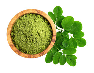 Moringa powder in a wooden bowl with fresh leaves