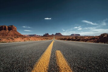 A long asphalt road with yellow lines stretches towards rock formations under a blue sky with a small cloud