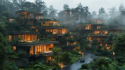 Obraz premium Blending seamlessly into the lush forest landscape, the eco-friendly residential complex features modern architecture with expansive glass windows and multi-level terraces framed by lush gardens.