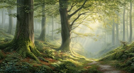 Serene forest path dappled with sunlight filtering through verdant canopy. Moss-covered trees & soft hues create peaceful, enchanting scene