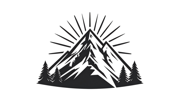 Silhouetted mountain range with forest at base, sunburst effect