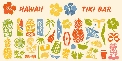 Vibrant hawaiian tiki bar tropical vacation paradise elements collection © Shuvra Majumder