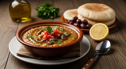Delicious Middle Eastern Dish with Bread and Olives.