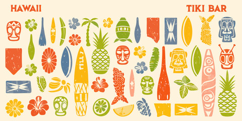 Hawaiian tiki bar tropical paradise collection of icons and symbols © Shuvra Majumder
