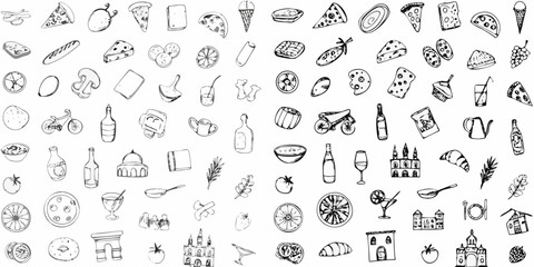 Collection of hand drawn food and drink icons with buildings and nature elements