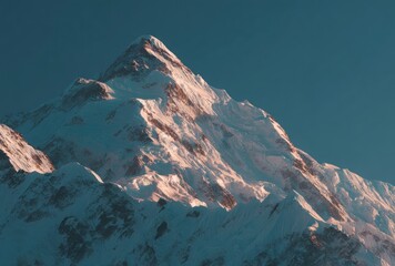 Majestic mountain peak covered in snow, illuminated by golden sunlight against a clear blue sky. Crisp details and serene