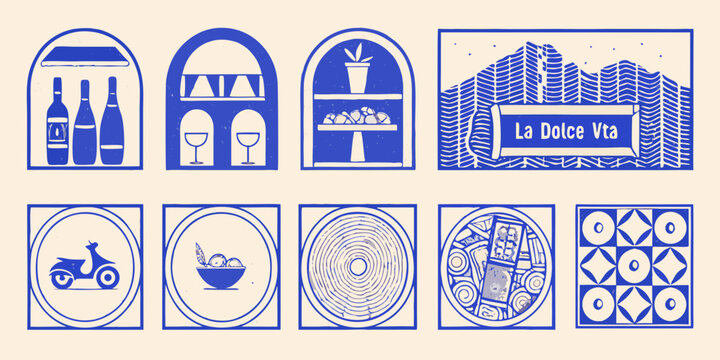 Collection of charming blue and cream illustrations depicting italian lifestyle elements and abstract patterns