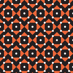 Seamless geometric pattern with bold orange and black diamond shapes, octagons, and white dot
