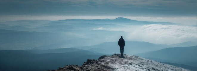 Solitary figure stands atop a snowy peak, gazing at distant blue mountain ranges fading into the hazy horizon under a cloudy sky