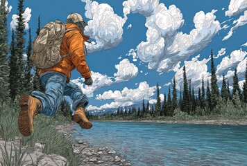 Animated traveler jumping across a river with vibrant clouds, a sunny sky, tall trees and green foliage in a vast, natural environment