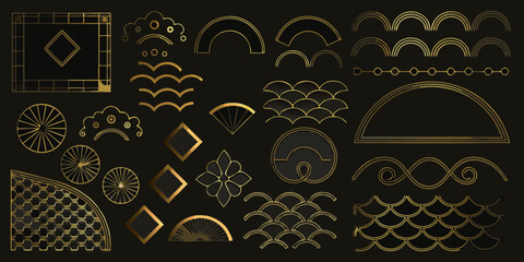 Collection of art deco inspired gold geometric decorative elements and patterns on black background