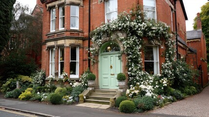Red-brick home entrance with stone details, light-green door, white blooms, and manicured foliage on cloudy day